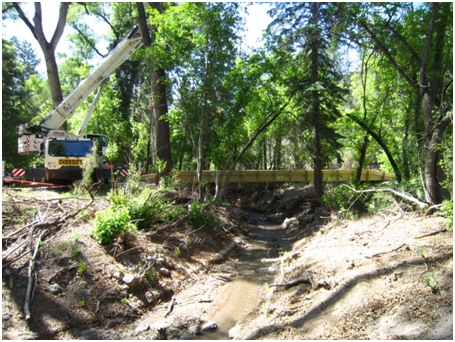Crane and bridge in forested area with signs of flood damage in area.